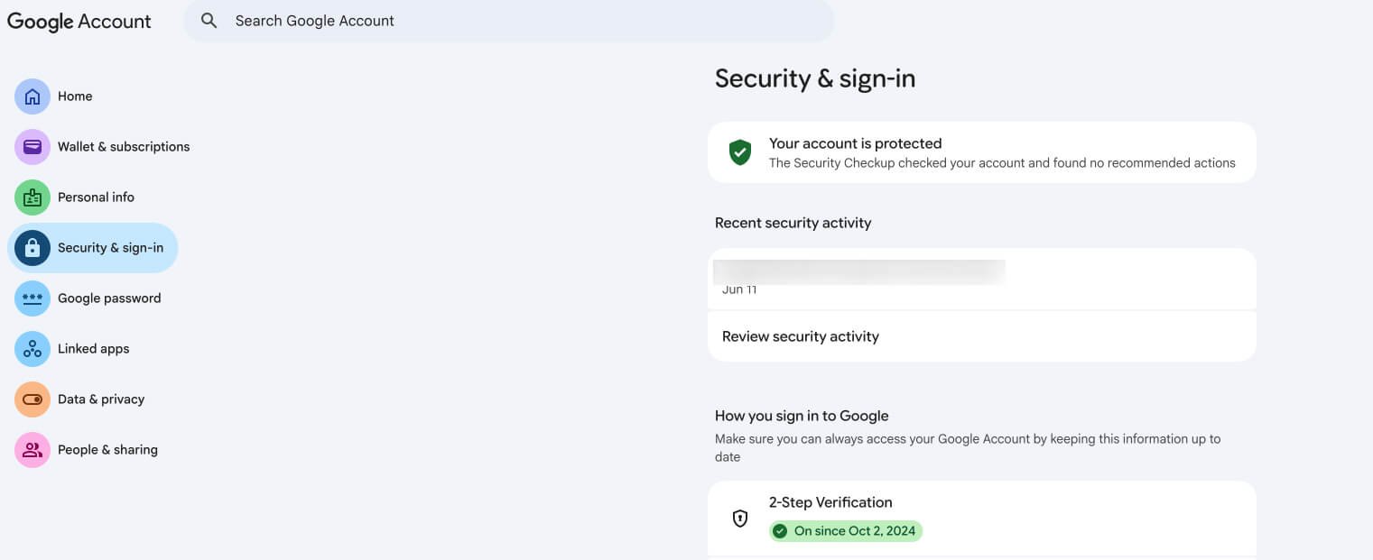 Google Account Security Settings